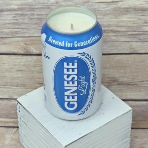 Upcycled Genny can holding a soy candle for Genesee Light fans.