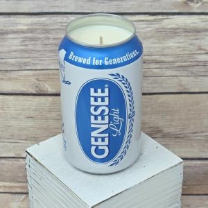 Decorative Genesee Light soy candle in an upcycled Genny beverage can.