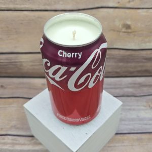 Hand-poured Cherry Coke soy candle in a recycled Coca-Cola can from 716 Candle Co.