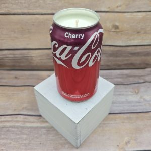 Hand-poured Cherry Coke soy candle in a recycled Coca-Cola can from 716 Candle Co.