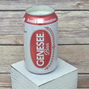 Handmade soy wax candle housed in an upcycled Genesee beer can.