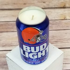Candle poured into a labeled, upcycled Bud Light Cleveland Browns can