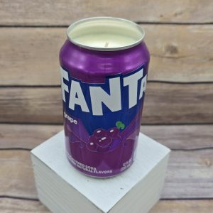 Decorative soy wax candle in an upcycled Fanta Grape Soda can.