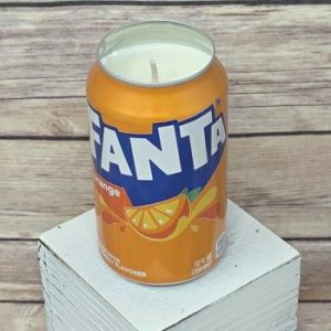 Hand-poured soy candle inside an upcycled Fanta Orange Soda can