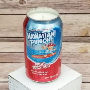 A soy candle poured into a wonderfully upcycled Hawaiian Punch can.