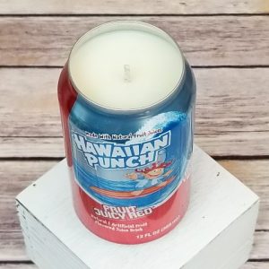 Soy wax lit inside a recycled Hawaiian Punch can, perfect for fun decor.
