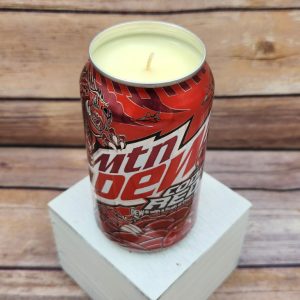 Hand-poured soy wax Mountain Dew Code Red candle in upcycled can