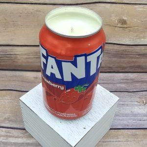 Hand-poured soy wax candle in an upcycled Fanta Strawberry can