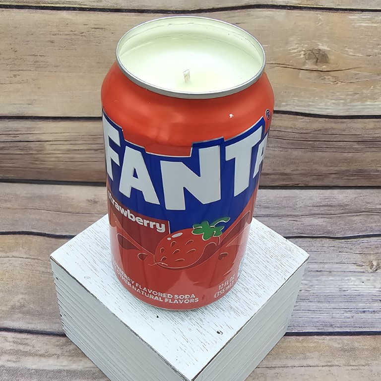 Hand-poured soy wax candle in an upcycled Fanta Strawberry can