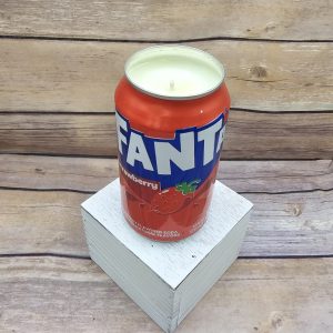 Soy wax candle poured into an upcycled Fanta Strawberry soda can