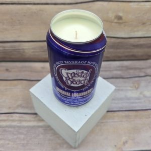 Loganberry soy candle poured into an upcycled Crystal Beach can.