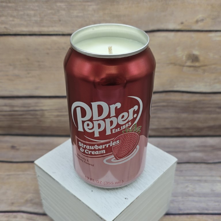 Upcycled Dr Pepper Strawberries and Cream can with soy wax for a handmade candle