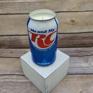 Soy wax scented candle inside an upcycled RC Cola soda can.