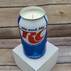 Decorative soy wax candle in an upcycled RC Cola can casing.