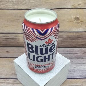 Hand-poured soy candle in a 2024 Labatt Blue Light Zubaz Buffalo Bills NFL beer can