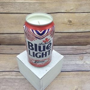 Hand-poured soy candle in a can featuring Labatt Blue Light Zubaz Buffalo Bills NFL art.