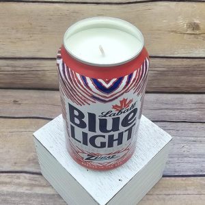 Upcycled beer can holding hand-poured soy wax from the Labatt Blue Light Zubaz collection.