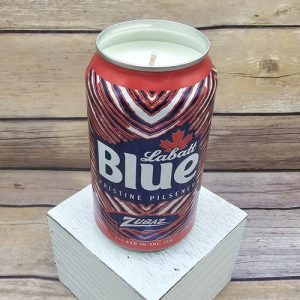 Hand-poured soy candle in a 2024 Labatt Blue Zubaz Buffalo Bills NFL beer can