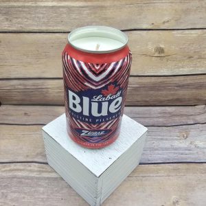A 2024 Labatt Blue Zubaz Buffalo Bills NFL beer can with a hand-poured soy candle.