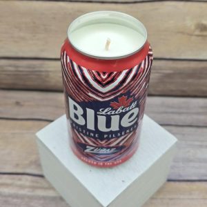 Soy, hand-poured, inside a 2024 Labatt Blue Zubaz Buffalo Bills NFL beer can.