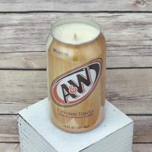 Hand-poured soy candle in an upcycled A&W Cream Soda can