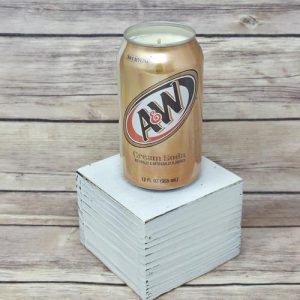 Upcycled A&W Cream Soda can containing soy candle