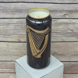 Upcycled Guinness Draught beer can candle detail