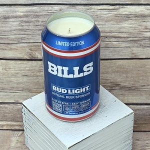 Soy wax candle, upcycled into a Bud Light Buffalo Bills Mafia NFL beer can