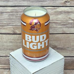 The Bucs candle is made with soy wax and housed in an upcycled Bud Light can.