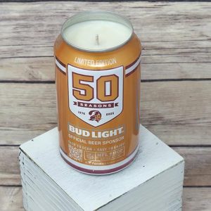 Check out this soy wax candle, poured in an upcycled Bud Light Bucs can.