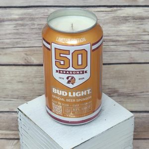 Bucaneers candle: soy wax poured into an upcycled Bud Light 2025 can.