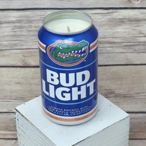Hand-poured soy wax candle in an upcycled Bud Light Gators 2025 can.