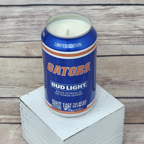 Decorative soy wax candle in a real Bud Light upcycled beer can for college sports.