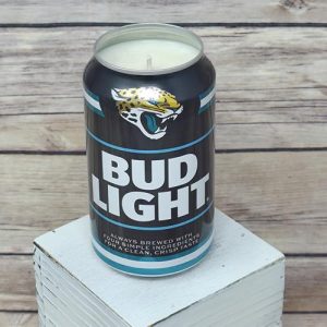 Soy wax candle poured into an upcycled Bud Light Jacksonville Jaguars can.