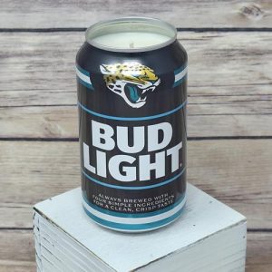 Bud Light Jacksonville Jaguars 2025 candle in an upcycled beer can.
