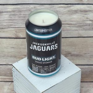 Upcycled Bud Light Jacksonville Jaguars beer can holding a soy wax candle.