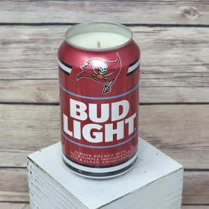 Handmade soy wax candle in an upcycled Bud Light Bucs beer can
