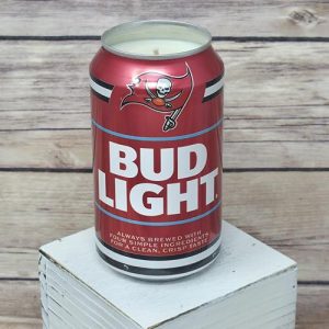 Soy wax candle poured in an upcycled Bud Light can for Bucs football fans