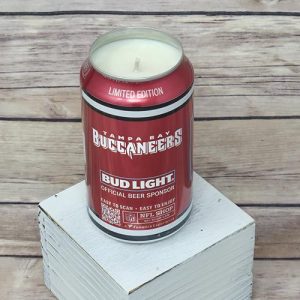 Decorative soy candle inside an upcycled Bud Light Tampa Bay Bucs beer can