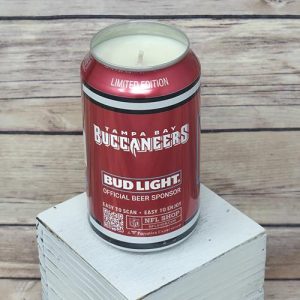 Upcycled Bud Light can soy wax candle featuring Tampa Bay Bucs design