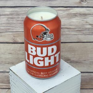 Decorative soy wax candle poured into an upcycled Bud Light Cleveland Browns can.
