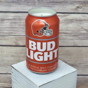 Check out this soy candle in an upcycled Bud Light Cleveland Browns can, ready to light.