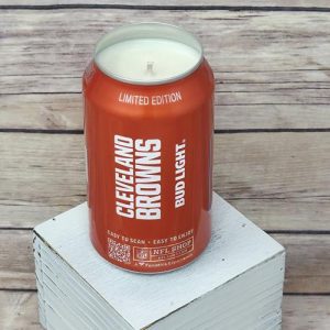 Hand-poured soy wax candle housed within an upcycled Bud Light Cleveland Browns can.