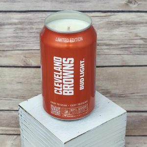 It's a soy wax candle that comes in an upcycled Bud Light Cleveland Browns beer can.