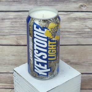 Keystone Light Camo beer can holding a soy wax candle.