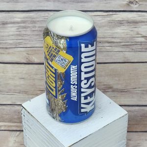Upcycled Keystone Light Camo beer can with a soy wax candle inside.
