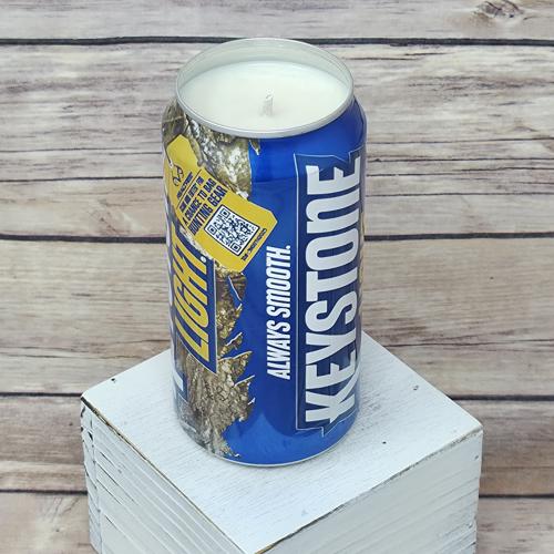 Upcycled Keystone Light Camo beer can with a soy wax candle inside.