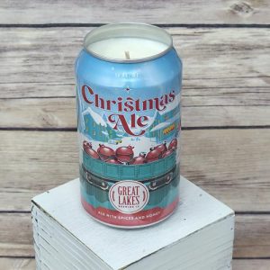 Handmade soy wax candle in an upcycled Great Lakes Christmas Ale beer can.