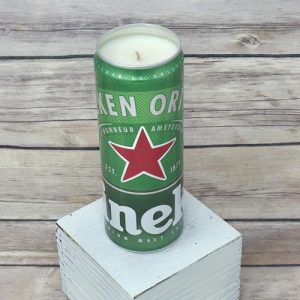 Hand-poured soy wax candle in an upcycled Heineken beer can.