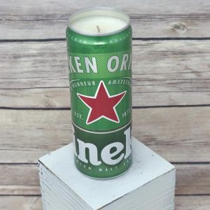 Close-up view of soy wax candle in an upcycled Heineken can.